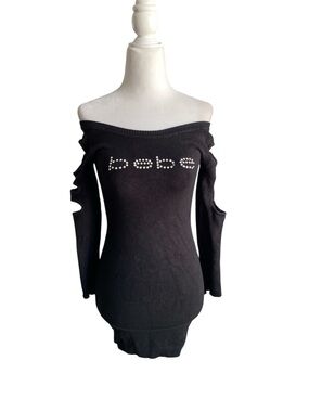 bebe Black Off-Shoulder Studded Logo Sweater